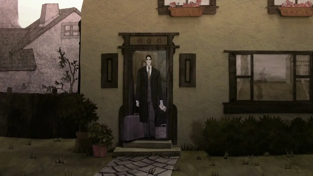 A man in a suit and overcoat stands in the doorway of a house, holding two suitcases, ready to depart.