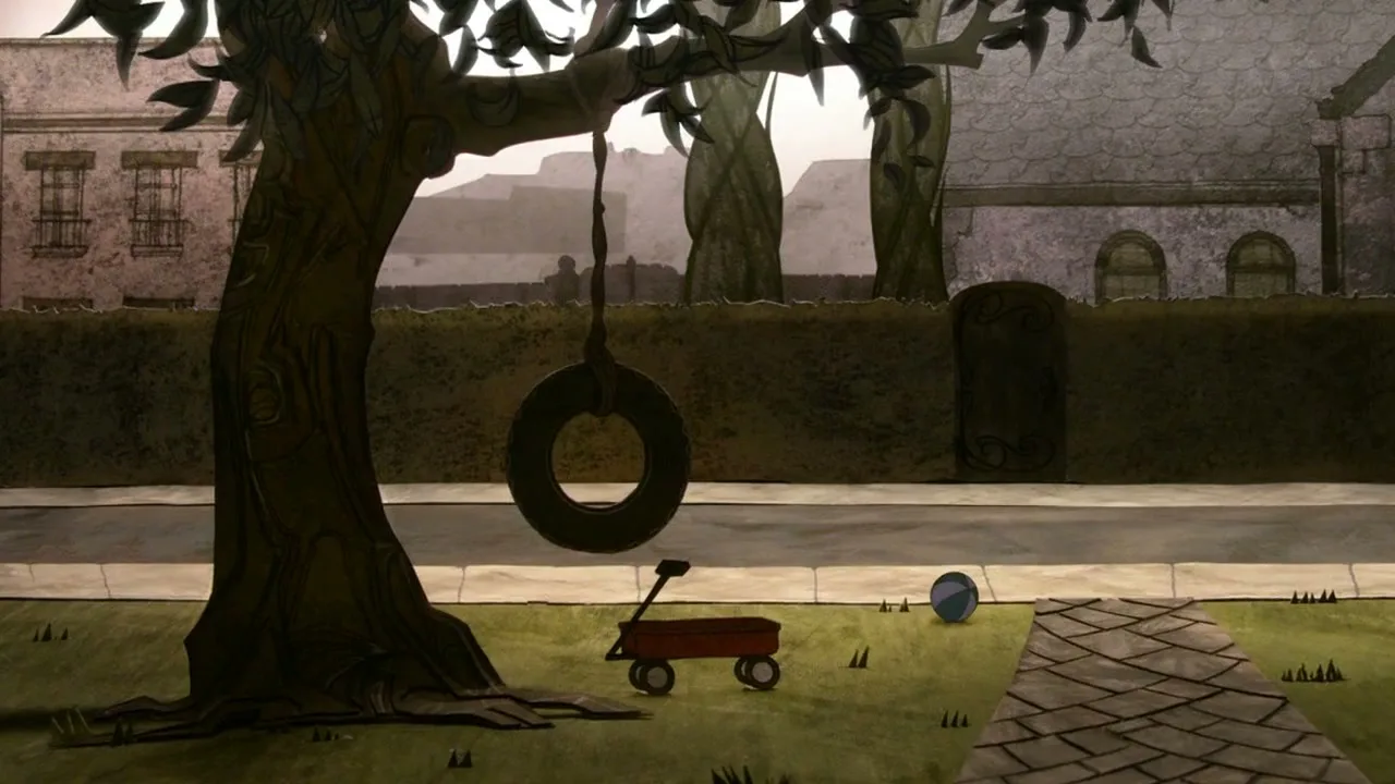 A wide shot of a suburban street with a tree, tire swing, red wagon, and blue ball on a grassy lawn, rendered in a stylized animation.