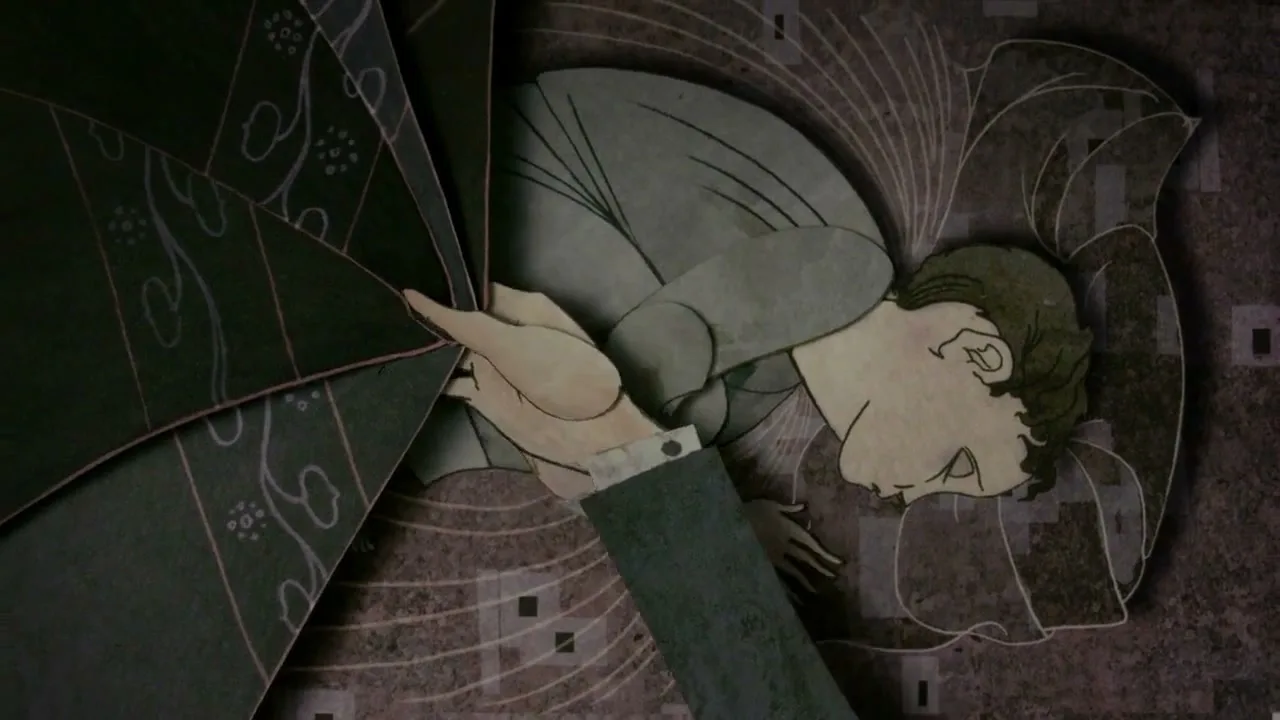 An animated man in a grey shirt and dark pants is sleeping on a patterned surface, as a dark, patterned cloak-like object covers him.