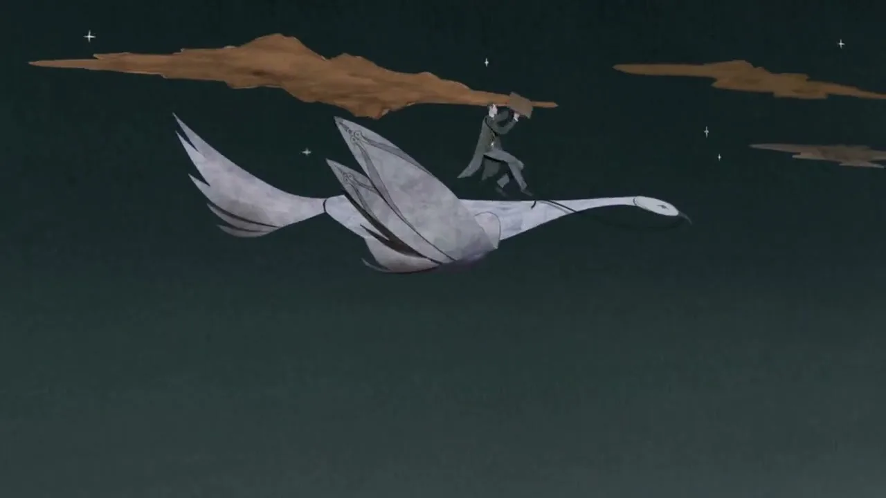 A man in a suit and trench coat rides a giant white swan through a dark, cloudy sky, with other swans flying in the background.