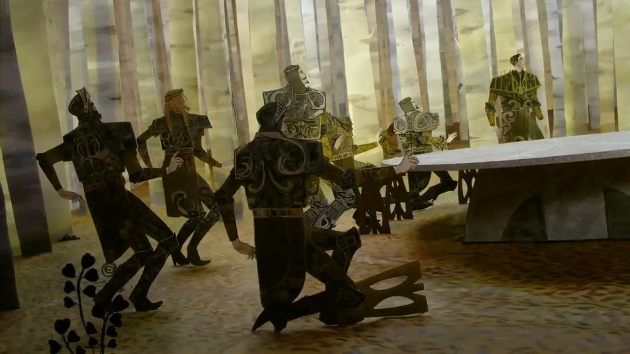 Paper cut-out figures of men in ornate clothing react in fear, some falling, as a table is overturned in a stylized forest setting.