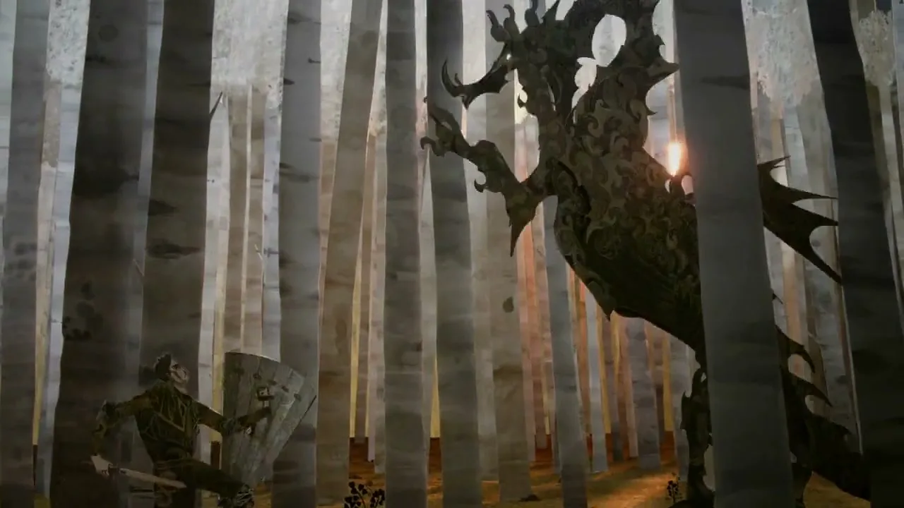 A stylized dragon with intricate patterns battles a warrior wielding a flaming sword in a forest of tall, slender trees.