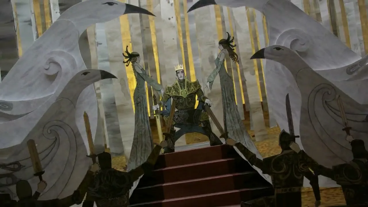 A king in golden armor sits on a throne, then rides a giant white bird through the sky, in a stylized animated world.
