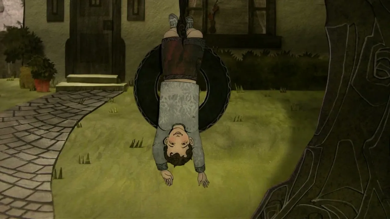 An animated young boy with brown hair hangs upside down from a tire swing in a suburban backyard, smiling playfully.