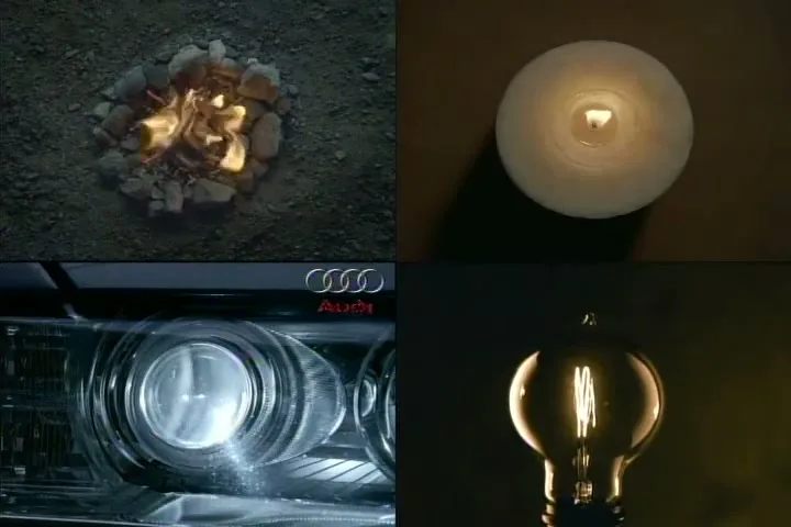 A four-panel split screen shows different light sources: a campfire, a candle, an Audi headlight, and a lightbulb, all representing progression.
