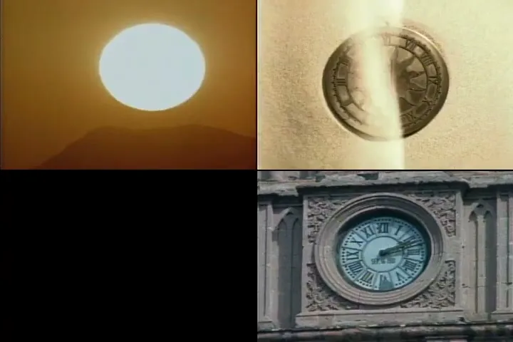 A four-panel split screen shows a bright sun over mountains, a sundial, a black panel, and a clock tower.