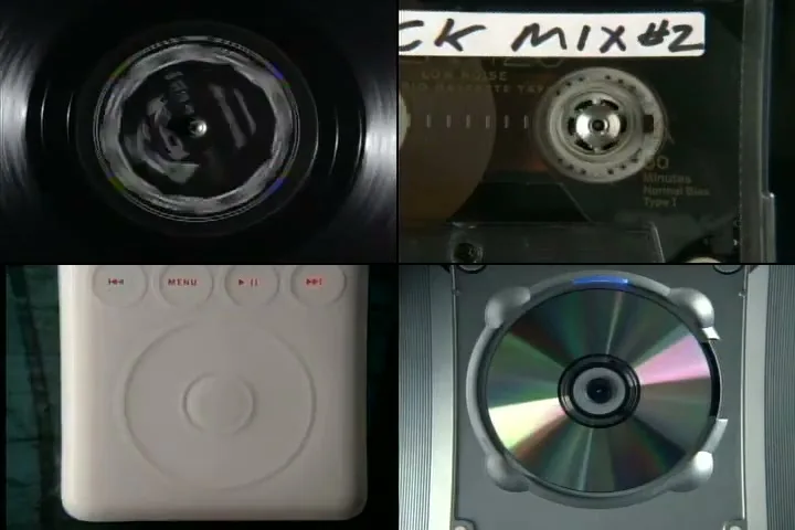 A split screen shows four different music playing devices: a vinyl record, a cassette tape, an iPod, and a CD player, all in motion.