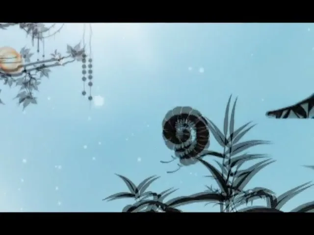 A silhouette of a woman stands on a bridge, blowing dandelion seeds into the air, which transform into various creatures in a fantastical, animated world.