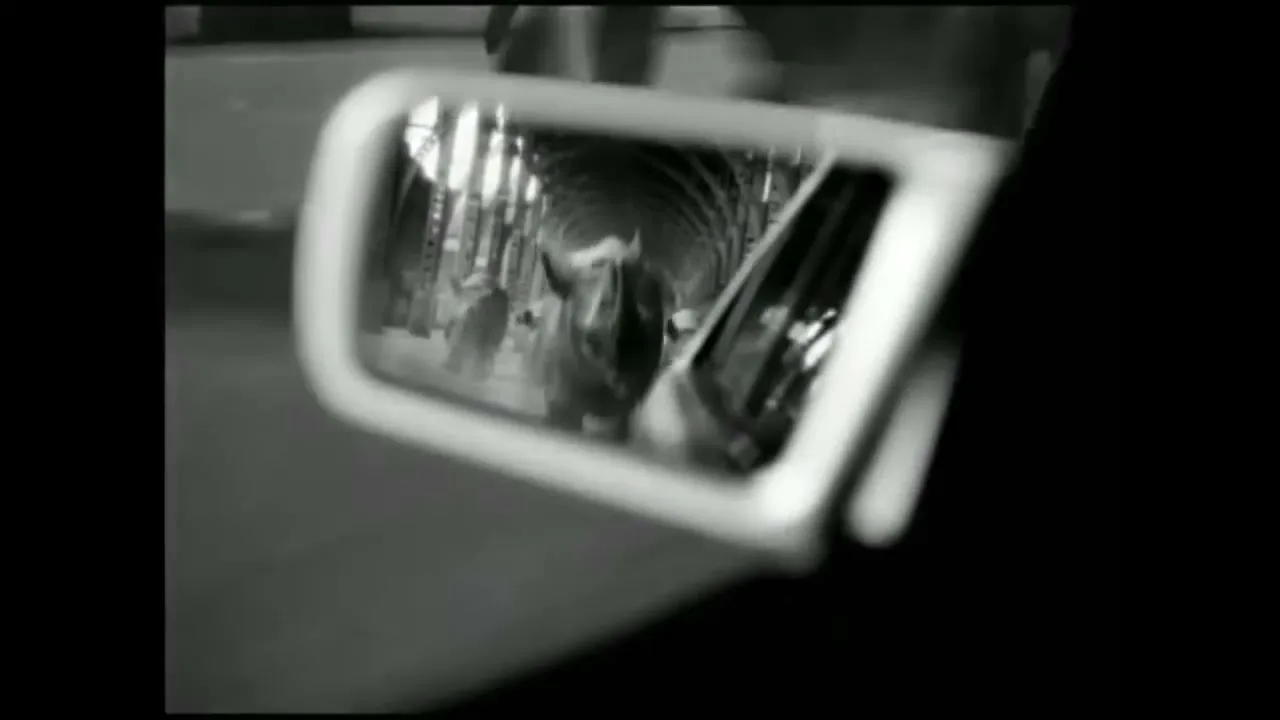A rhino is seen in the rearview mirror of a car, which is driving through a tunnel, in a black and white shot.