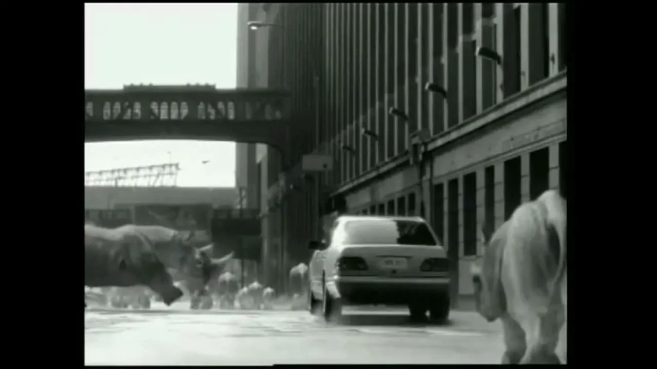 A Mercedes car drives down a city street, surrounded by a stampede of rhinos, in a black and white shot.