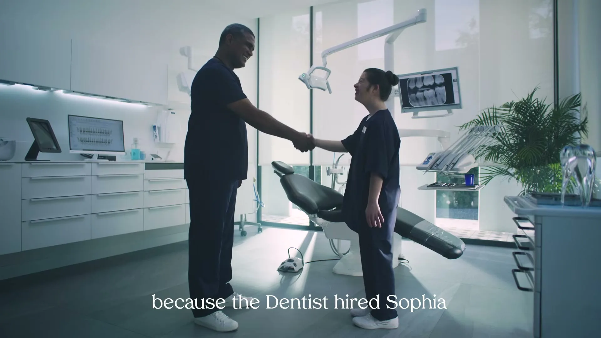 A split screen shows different pairs of people shaking hands in various professional settings, highlighting a chain of employment.