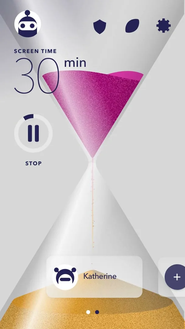 A digital hourglass with pink sand flowing into gold sand, displaying "SCREEN TIME 30 min" and a profile for "Katherine" on a smartphone screen.