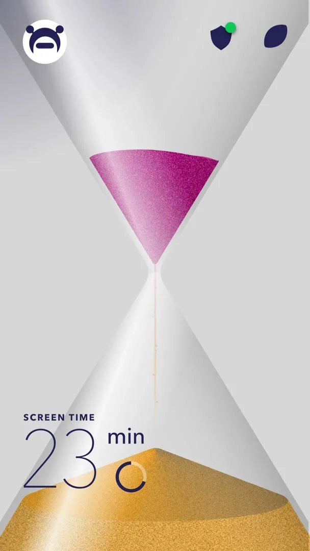 A digital hourglass with pink sand draining into gold sand, displaying "SCREEN TIME" and a decreasing minute count.
