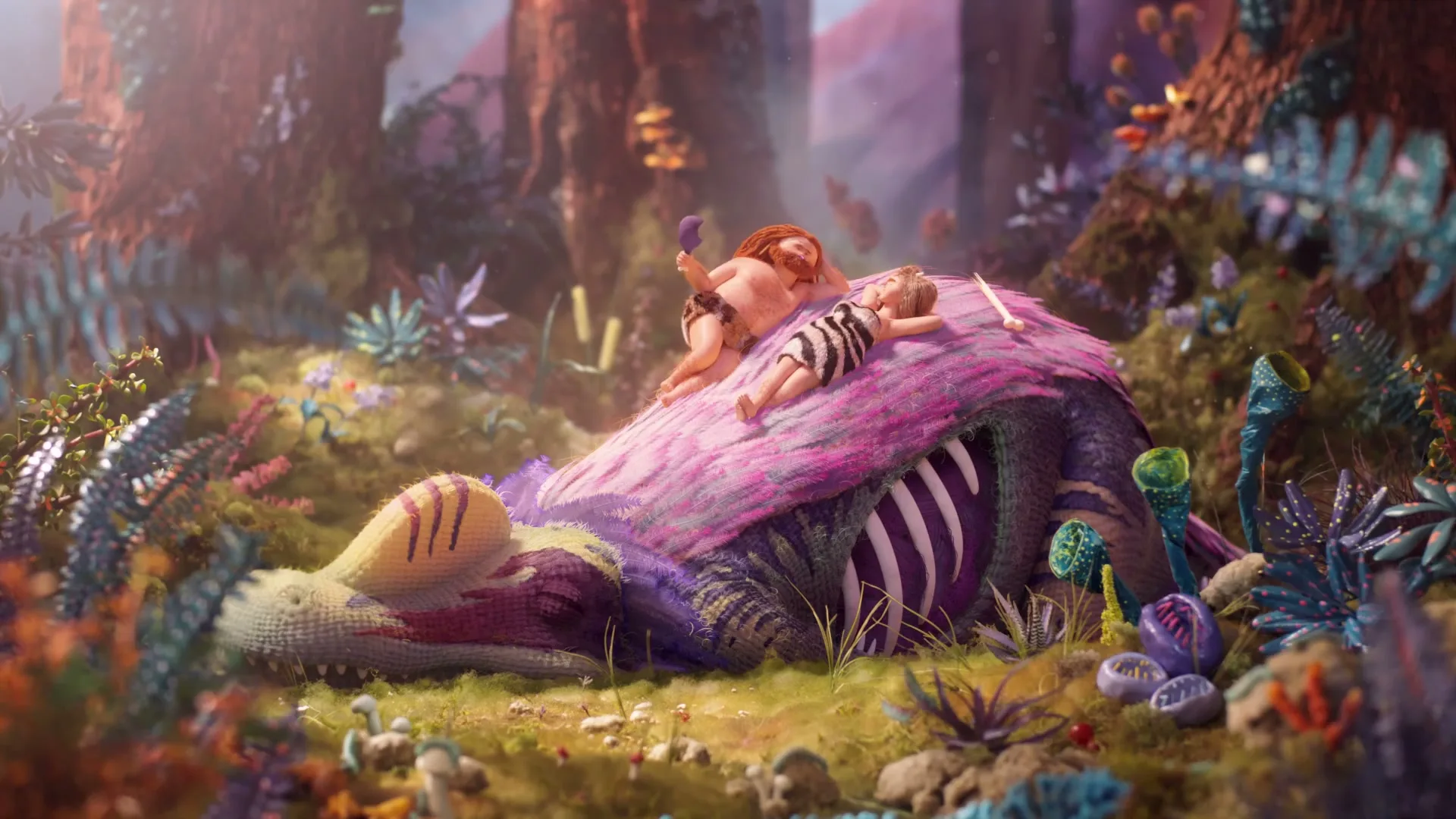 A caveman and cavewoman, dressed in animal print, lie on a giant purple creature in a lush, colorful forest, sharing a moment of peace.
