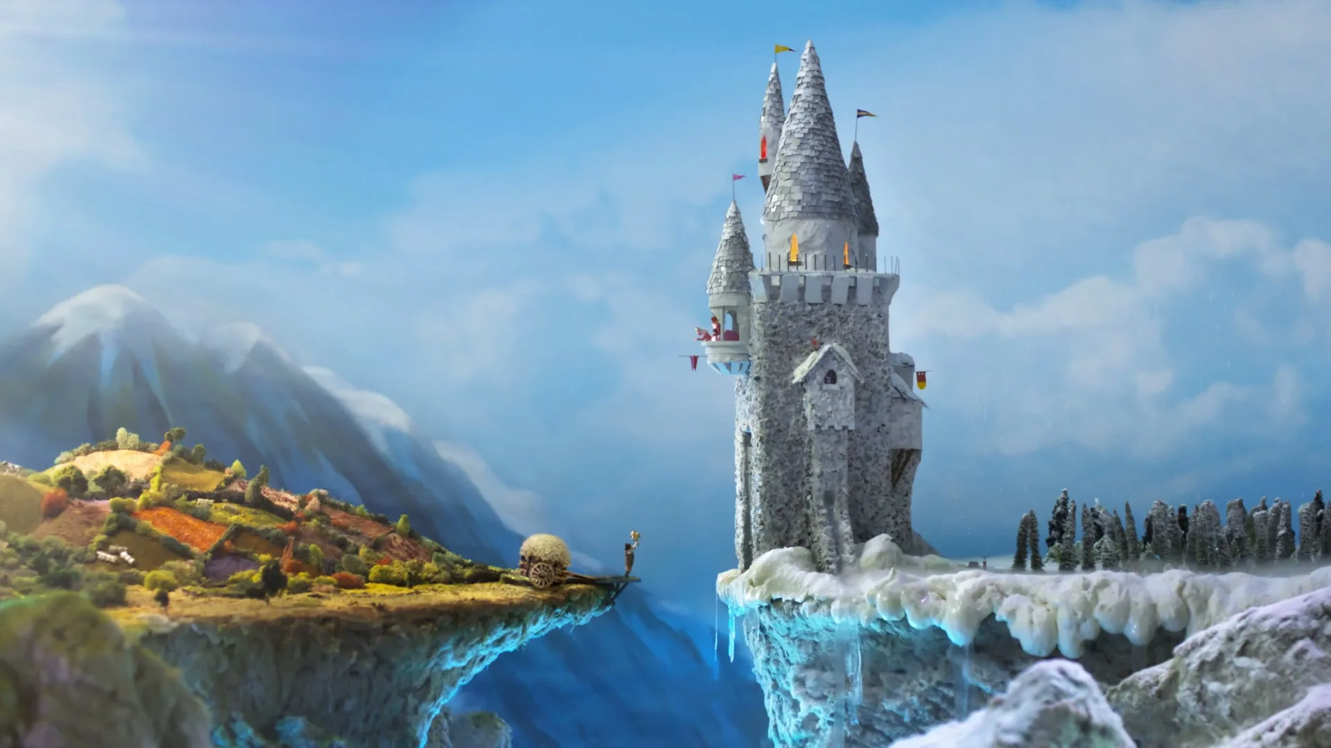 A miniature castle on an icy cliff faces a green, hilly landscape across a chasm, with a small figure on a bridge connecting them.