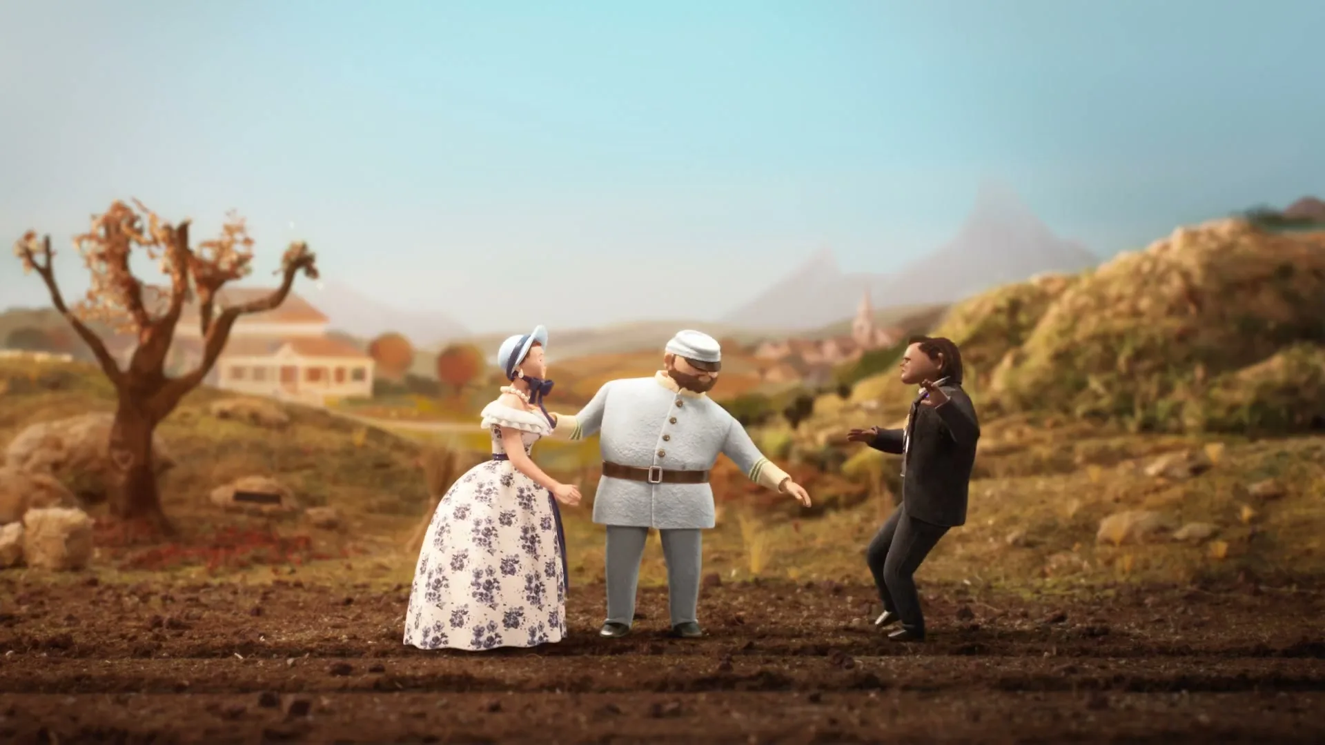 Three animated figures, a woman in a dress, a man in a uniform, and another man in a suit, stand in a field with a house and hills in the background.