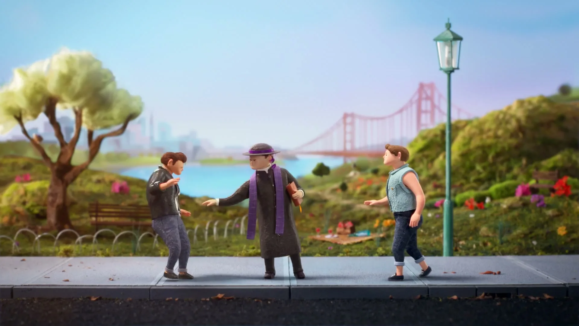 Three stop-motion animated figures, two men and a priest, interact on a sidewalk in a park with a city and bridge in the background.