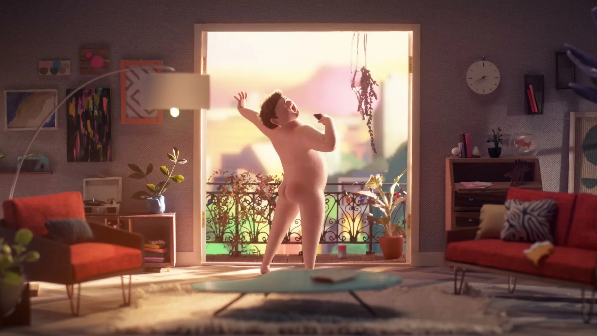 A nude, animated male character dances in his living room, holding a phone, with a balcony and city view in the background at sunset.