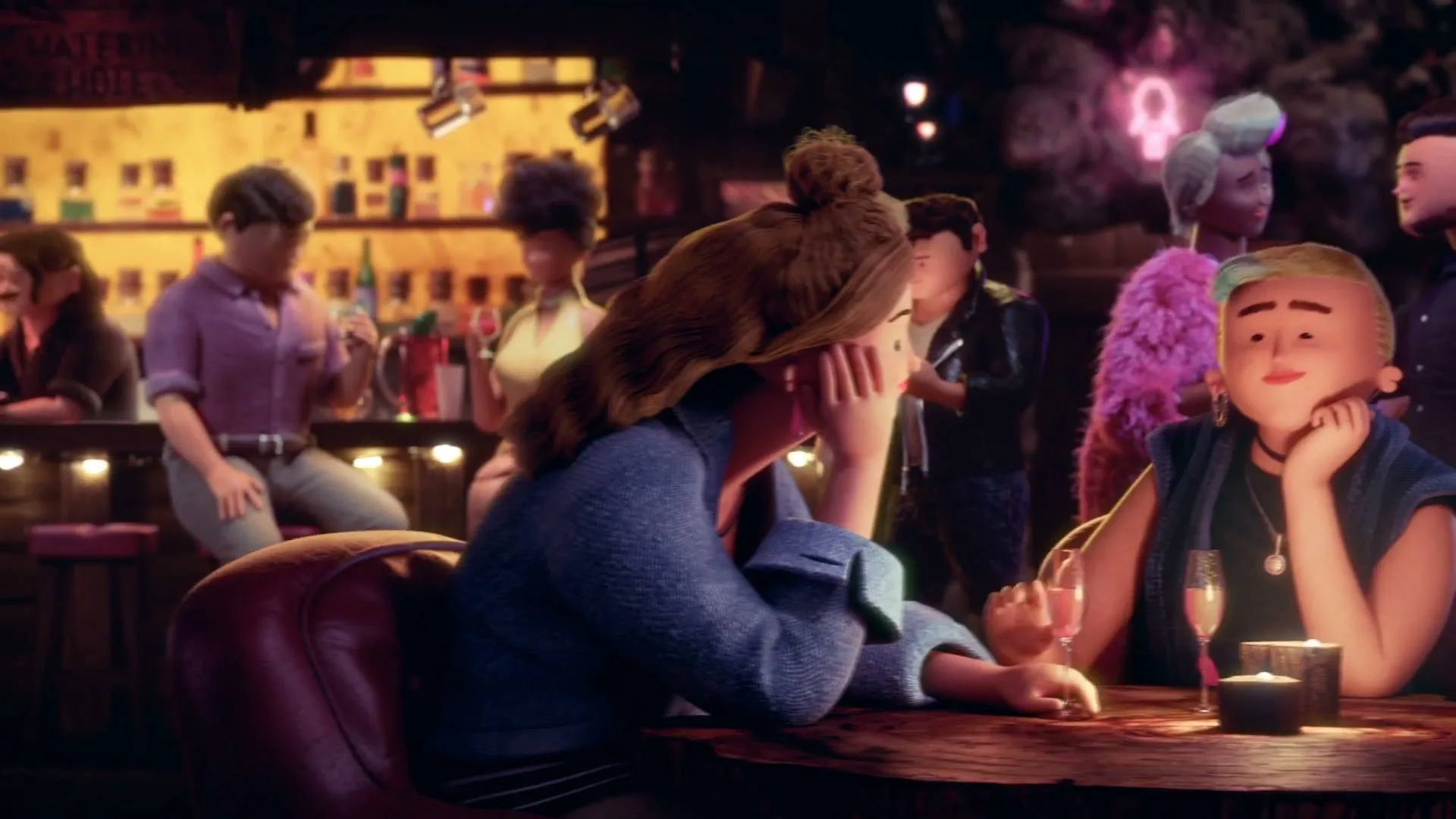 A diverse group of animated people socialize and drink at a dimly lit bar, with some sitting at the counter and others at tables.