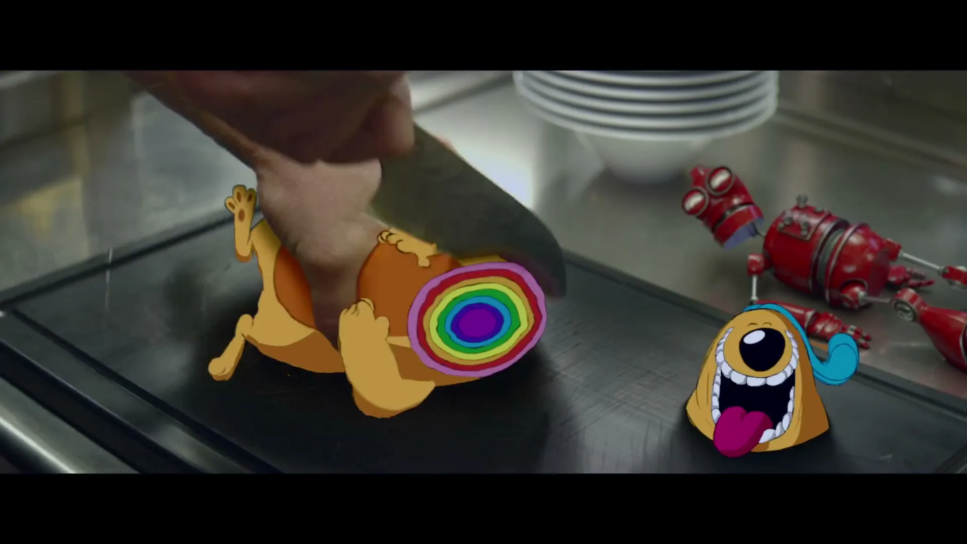 A chef's hand slices a cartoon dog on a cutting board, revealing rainbow layers inside, next to a broken red robot in a kitchen.