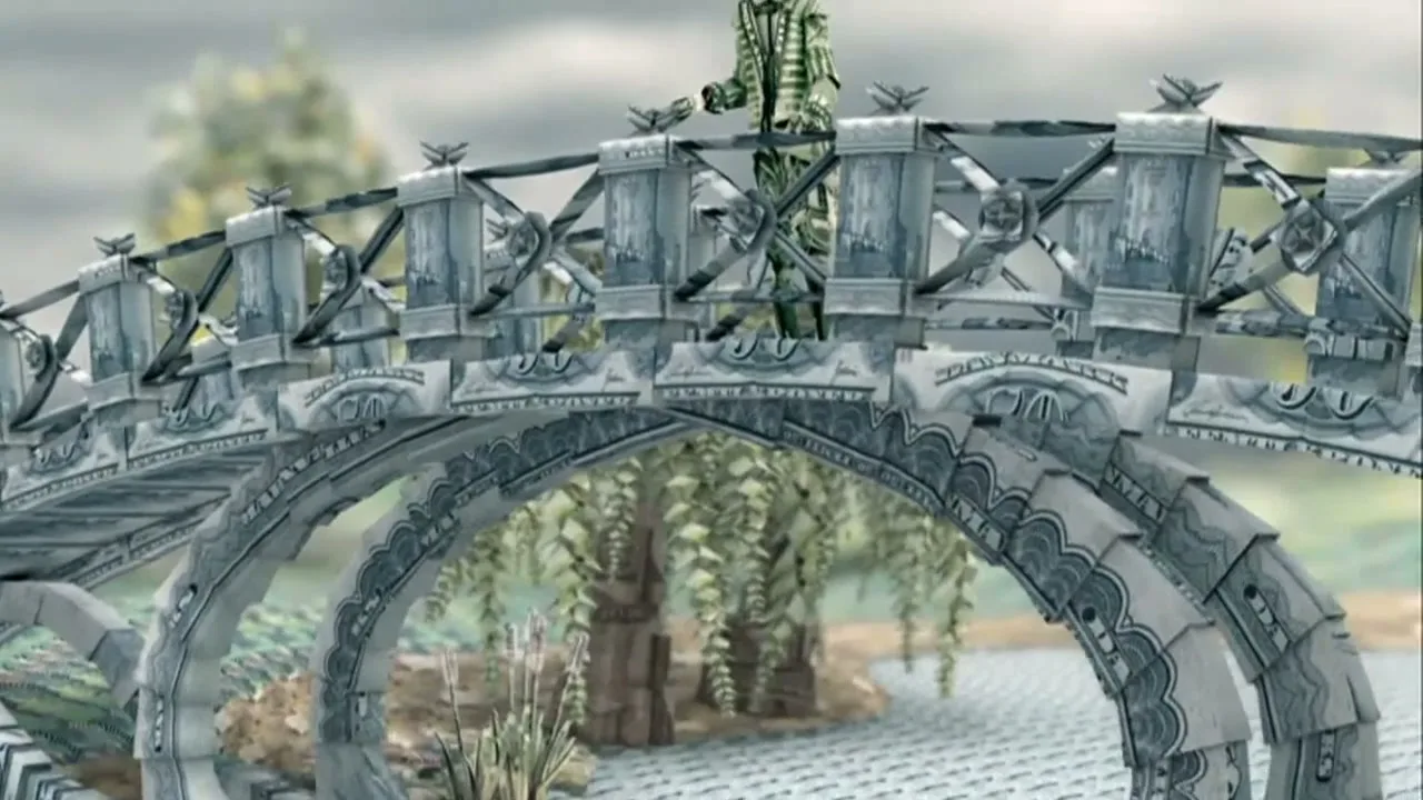 A man made of money walks across a bridge made of money, in a world made of money, as two origami swans float on a money pond.