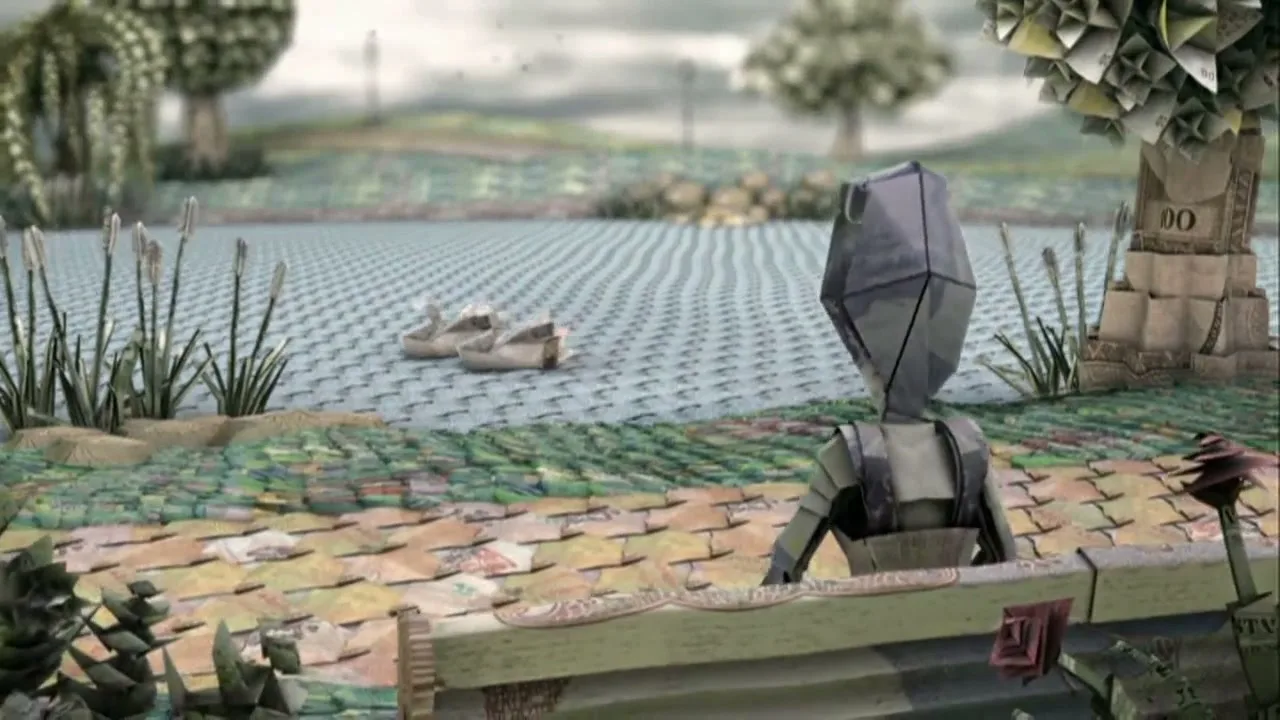 A papercraft person sits on a bench, looking out at a lake with paper swans, in a whimsical landscape made of money.