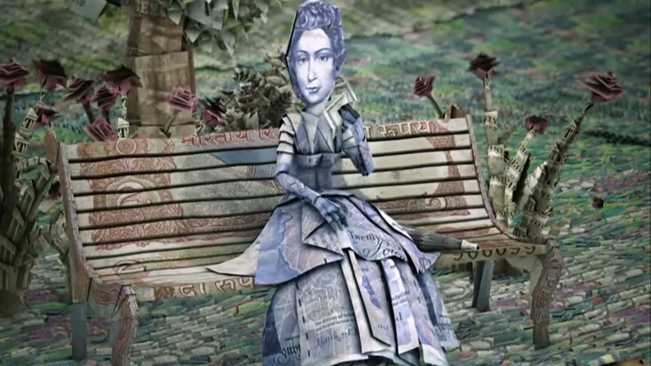 A female figure made of money sits on a park bench, also made of money, in a park with money trees and roses.