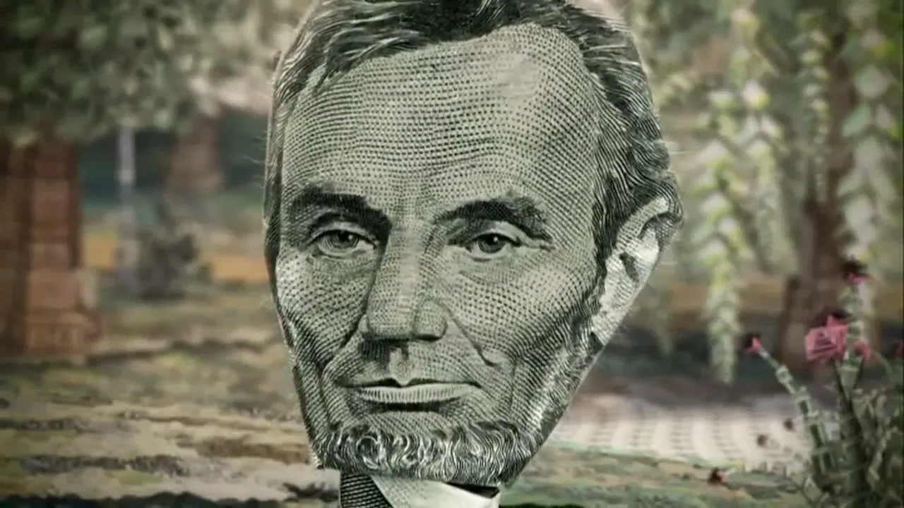 A five-dollar bill with Abraham Lincoln's face is shown, then it folds and disappears into a bright light in a garden.