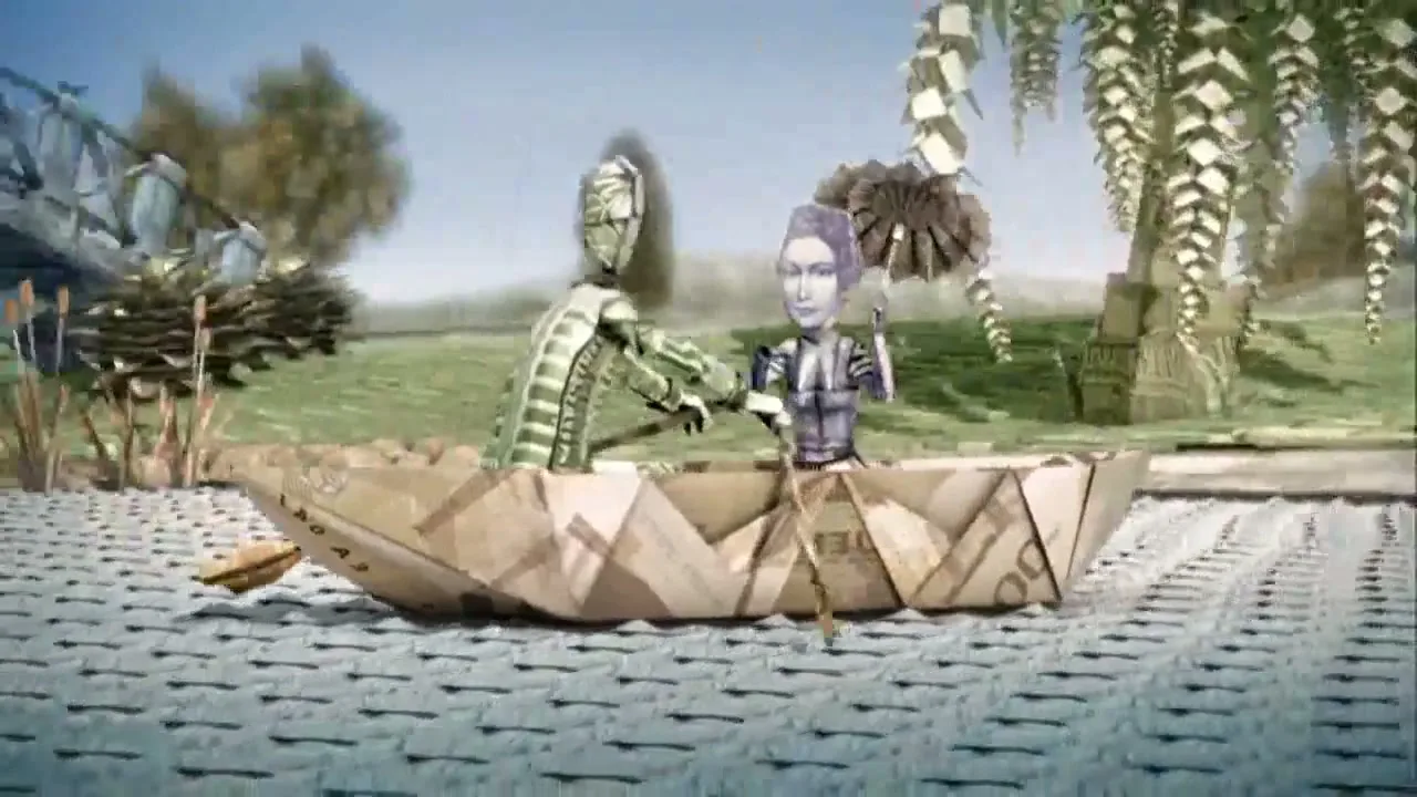 Two stylized figures made of money, one with an umbrella, row a paper boat on a river made of money, passing under a bridge.