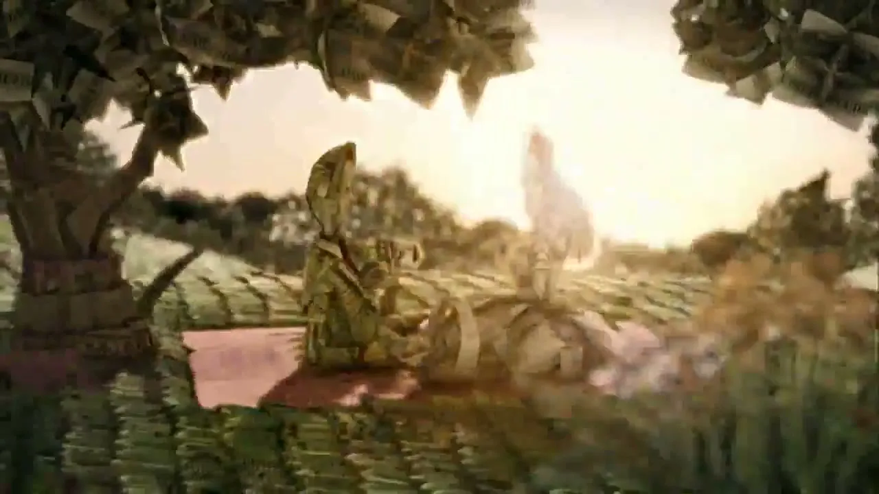 Two figures made of money, one resembling Queen Elizabeth I and the other Abraham Lincoln, are having a picnic under a money tree in a field.