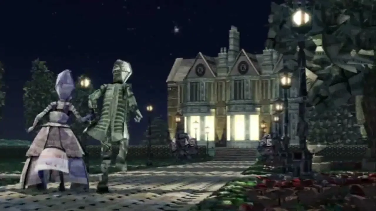 Two stylized figures made of money dance in front of a large mansion at night, then one carries the other inside.
