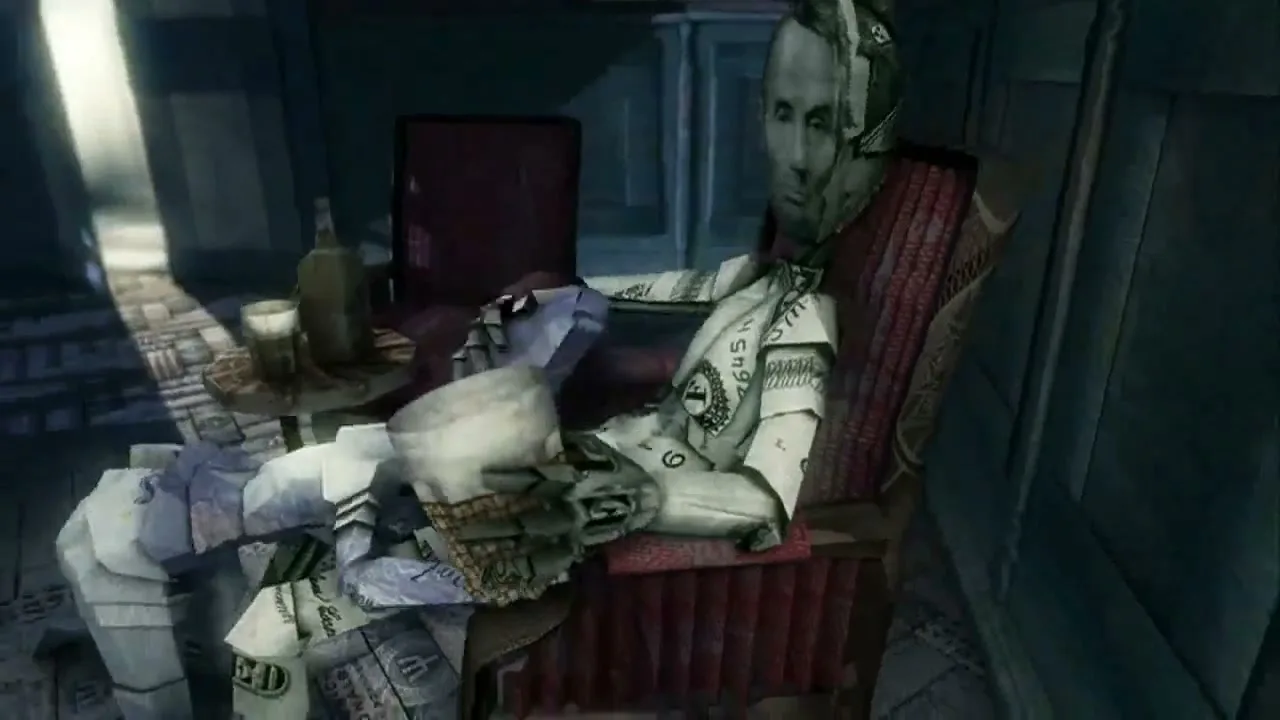 A humanoid figure made of money sits in a chair, holding a cup, in a dimly lit room with a bottle on a table beside it.