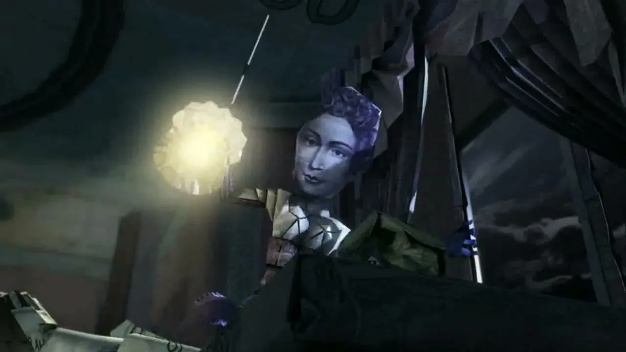 A stylized paper doll-like figure with a woman's face and purple hair holds a glowing light, looking around a dark, cluttered room.