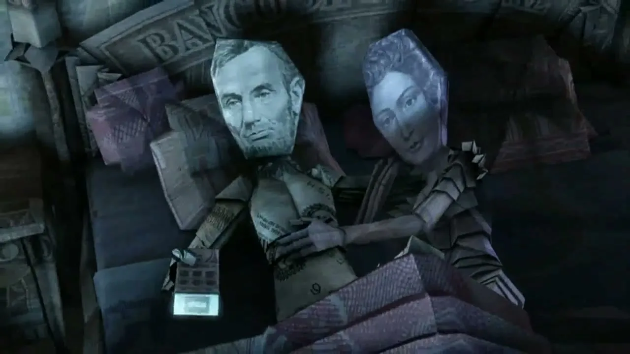 Two money-faced paper dolls, one resembling Abraham Lincoln, lie in bed, with the female doll embracing the male doll, in a dark, stylized room.