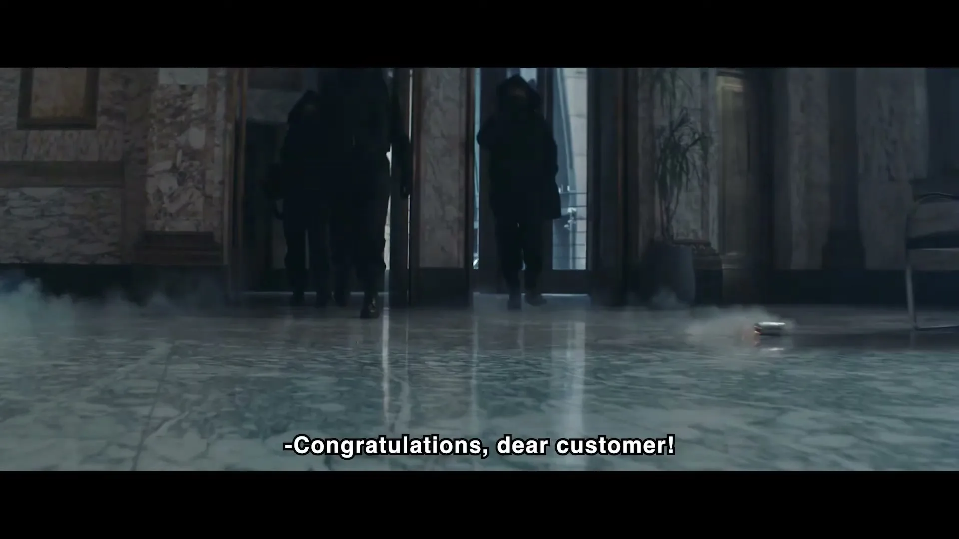 Three masked figures in black tactical gear emerge from a doorway, as smoke fills the marble-floored room, creating a tense and mysterious atmosphere.