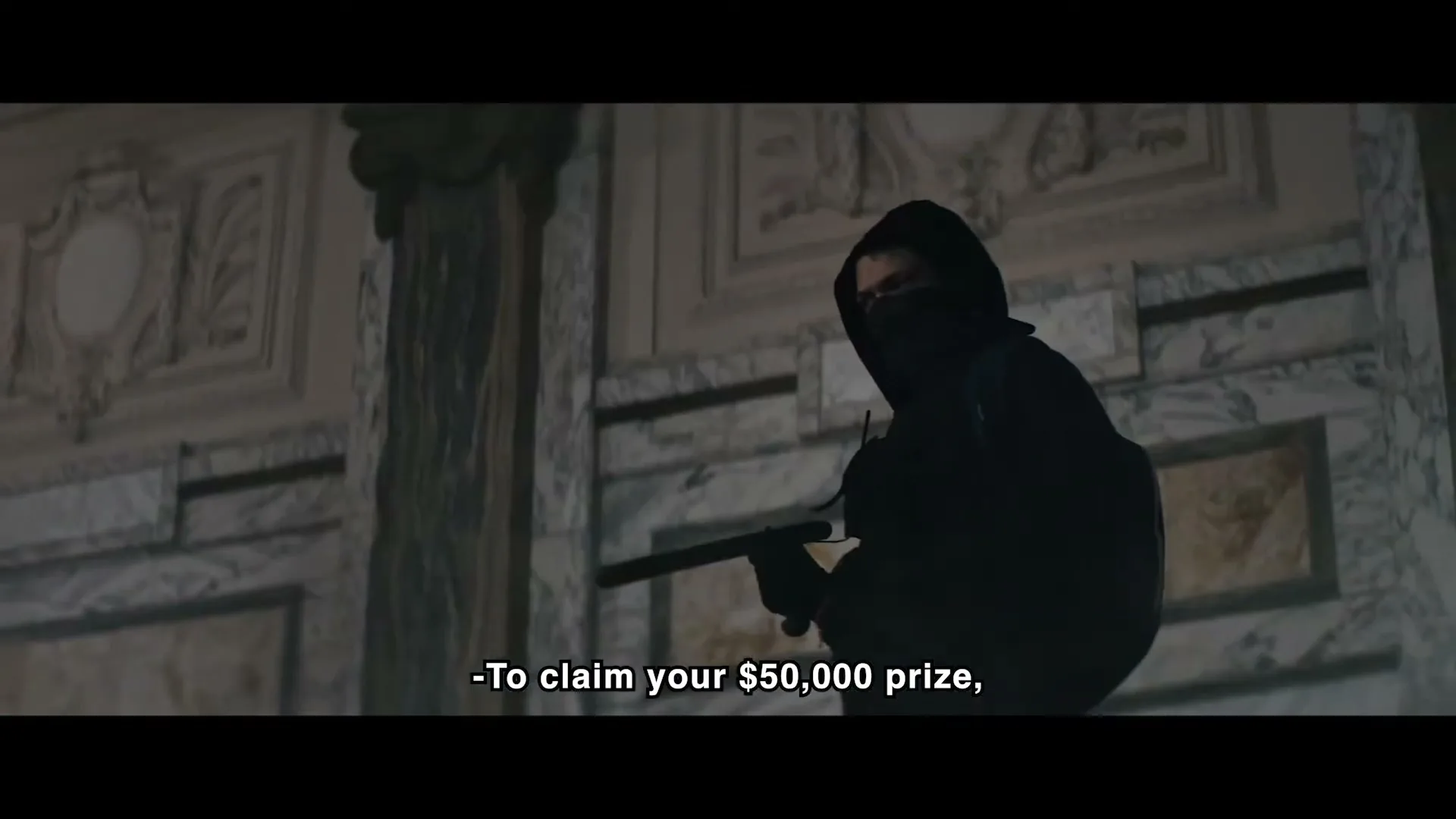 A person in a black hoodie and face covering holds a bat, standing in a grand, marble-walled interior with ornate architectural details.