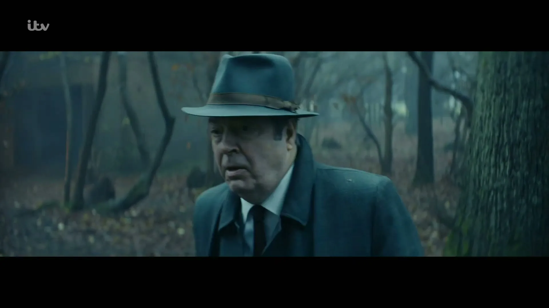 A man in his 60s, wearing a hat and coat, looks around with a worried expression in a misty forest.