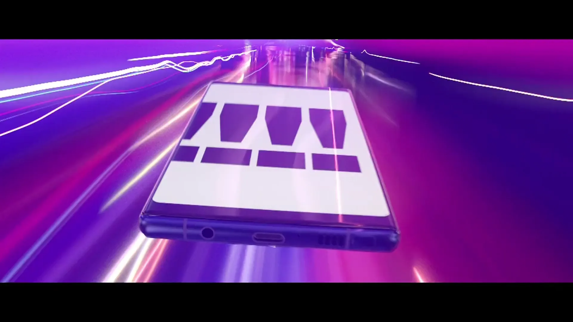 A smartphone with a white screen and purple graphics flies through a purple and pink digital tunnel, representing fast data.
