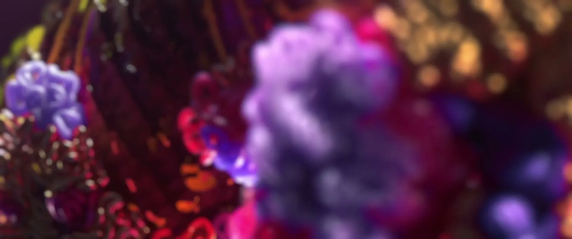 A macro shot of colorful, abstract, organic shapes resembling coral or fungi, with a shallow depth of field, in a virtual CG environment.