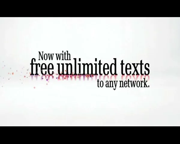 Black text on a white background announces "Now with free unlimited texts to any network," with small colorful sparkles appearing and disappearing.