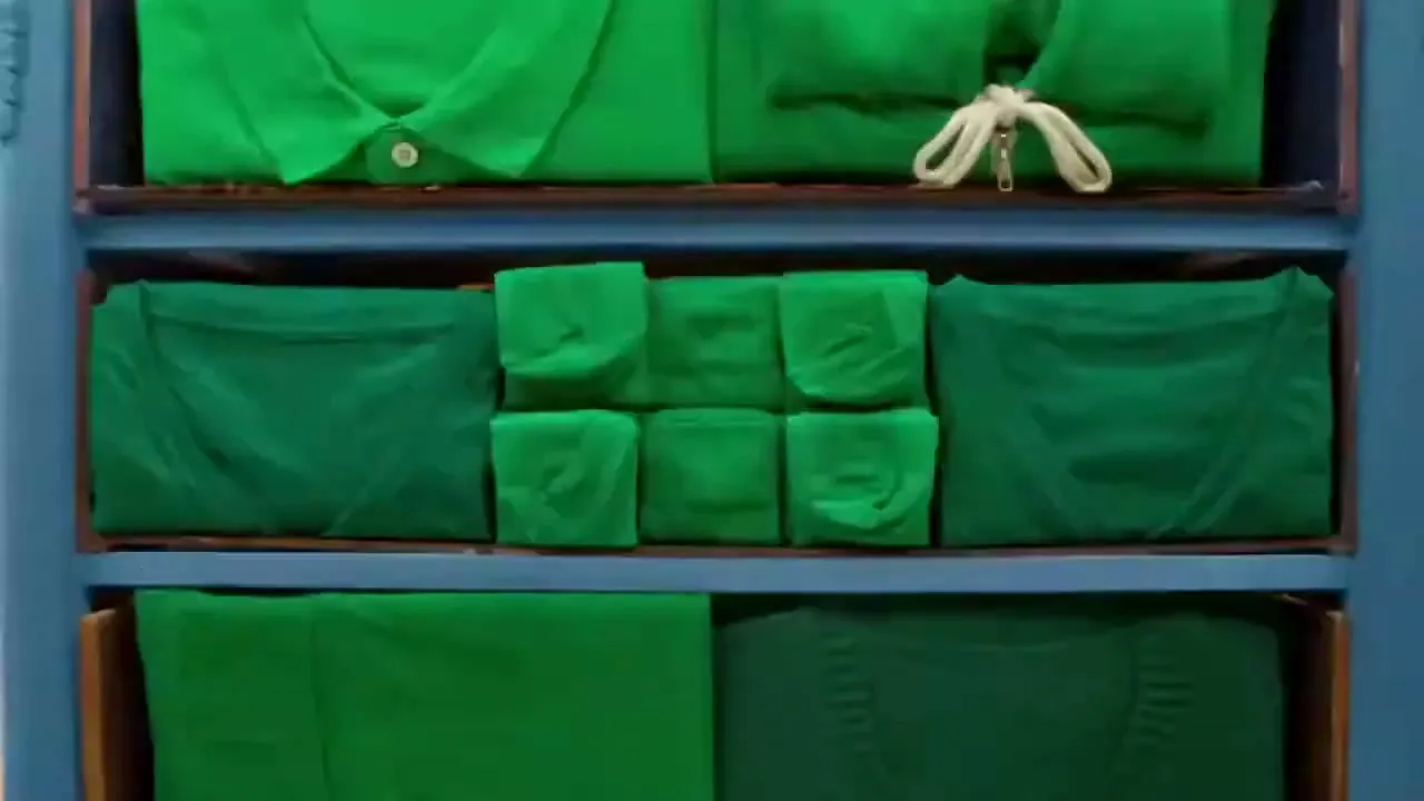 A blue wooden cabinet with green fabric on shelves is shown in a desert landscape, as the camera zooms in to reveal yellow fabric.