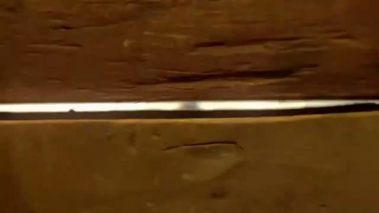 A narrow gap between two wooden planks reveals a bright light and a small, dark object in the distance, suggesting a view from inside a confined space.