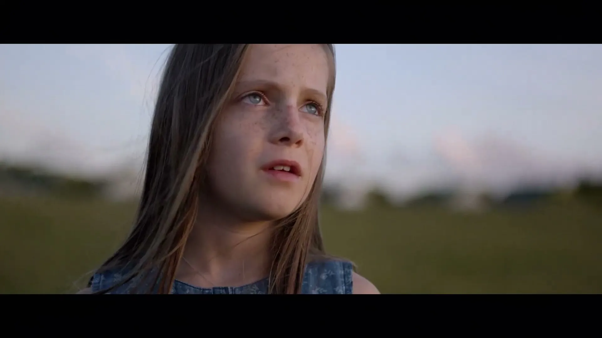 A young girl with long brown hair and freckles looks up with a worried expression in a field at dusk.