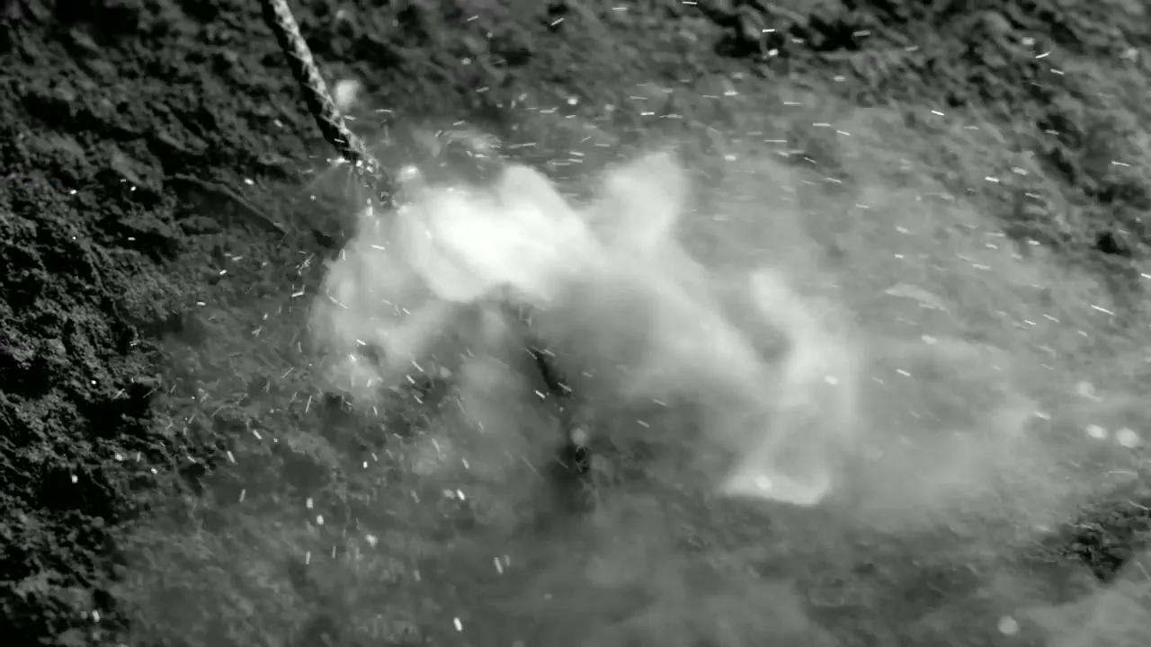 A close-up shot shows a fuse burning with sparks and smoke on a dark, textured surface, creating a dynamic visual.