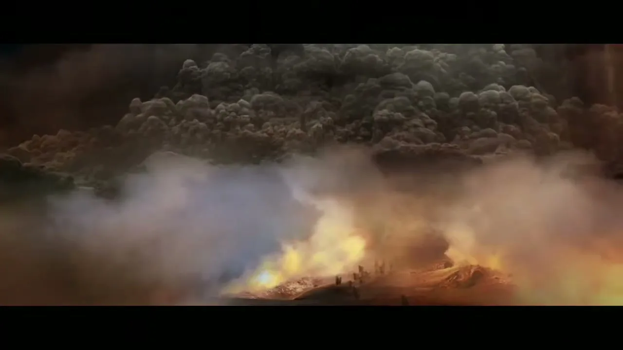 A wide shot shows a volcanic eruption with a large plume of smoke and ash rising into the sky, with lava and smoke on the ground.