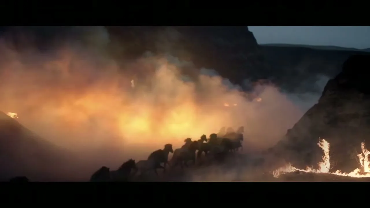 A herd of wild horses gallops through a fiery, smoky volcanic landscape at dusk, with flames visible on the ground and mountains in the background.