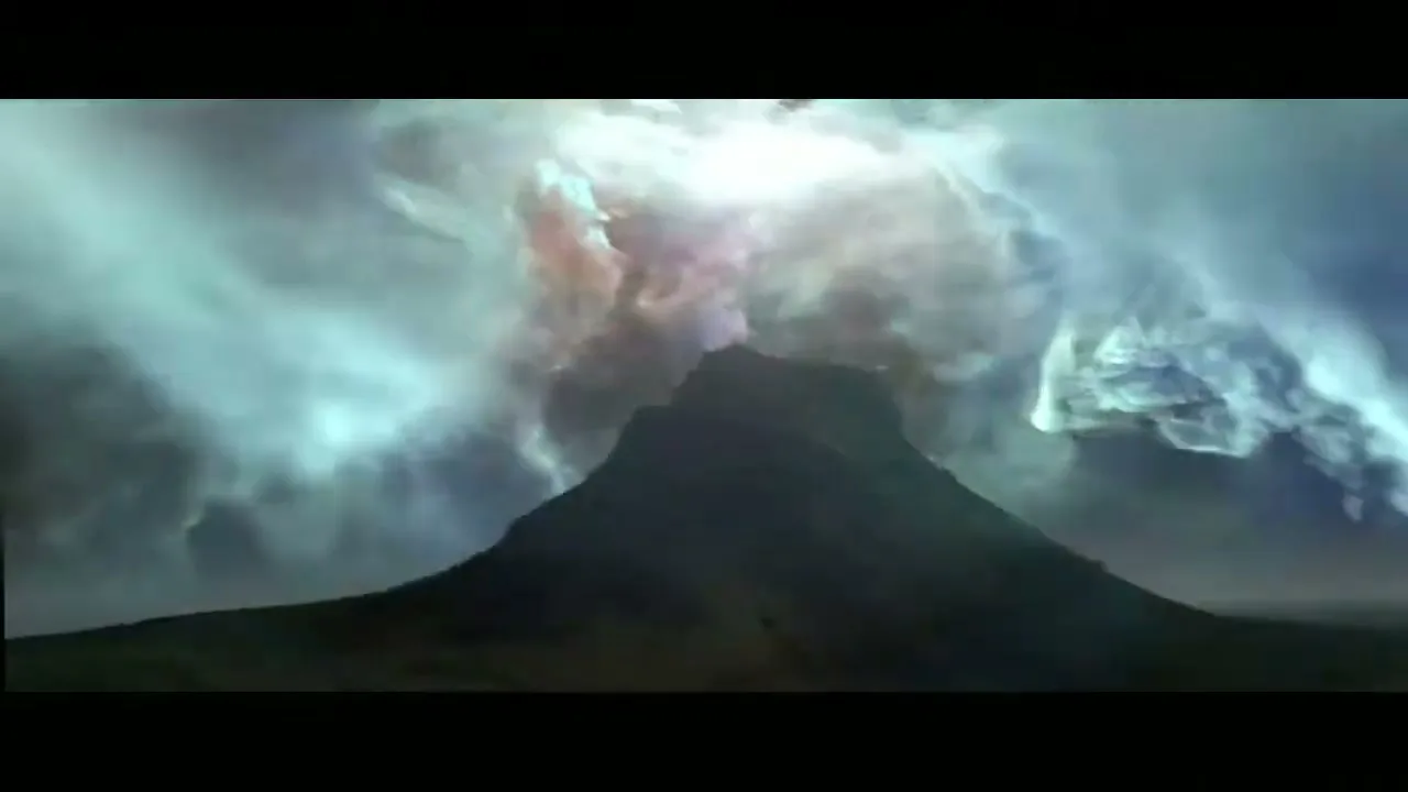 A dark, silhouetted mountain stands against a dramatic, swirling sky of colorful clouds, which then brightens to a blinding white light.