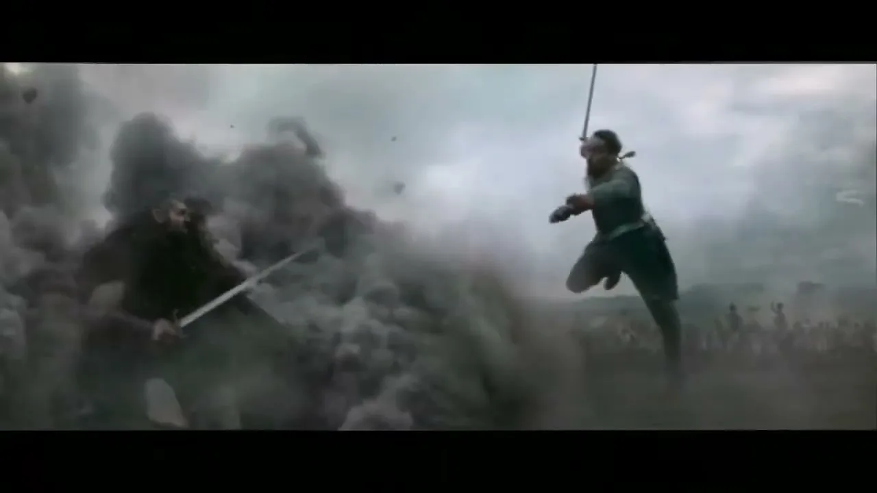 A man in green clothing leaps through the air with a sword, attacking a giant emerging from a cloud of smoke on a battlefield.