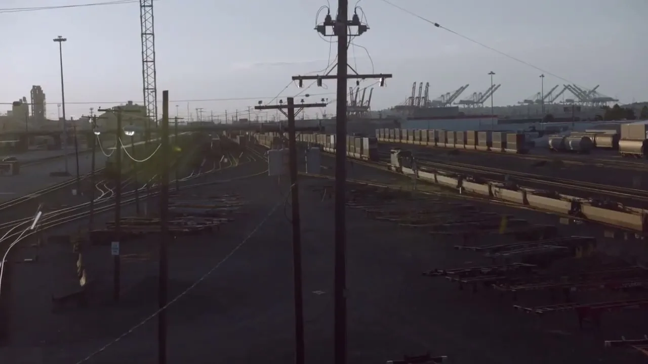 A wide shot of a train yard with multiple tracks and freight cars, with industrial cranes visible in the distance under a clear sky.