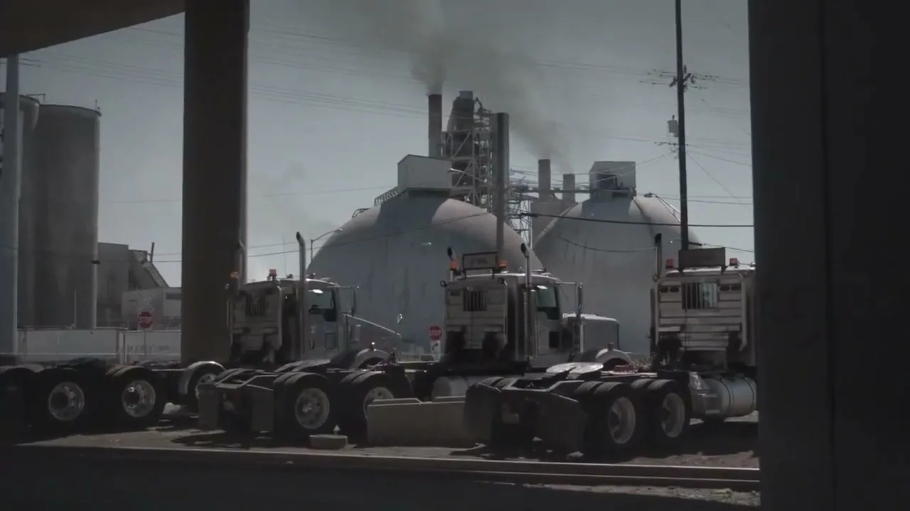 Three semi-trucks are parked in a row under a highway overpass, with a large industrial plant emitting smoke in the background on a bright day.